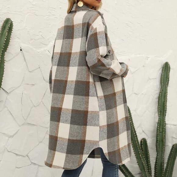 NWT Long Plaid Women Brushed Flannel Shacket Jacket Button Down Wool Blend Coat - Picture 4 of 6